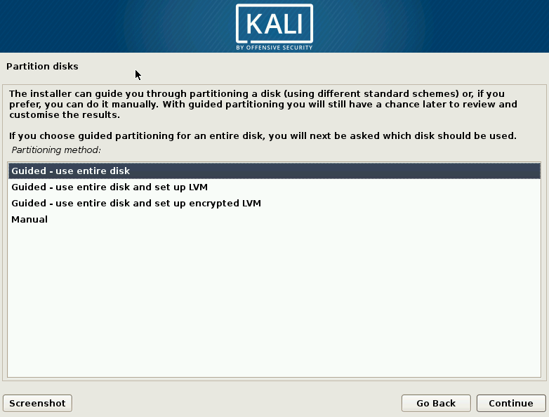 Kali Linux Elija la pantalla de método de partición