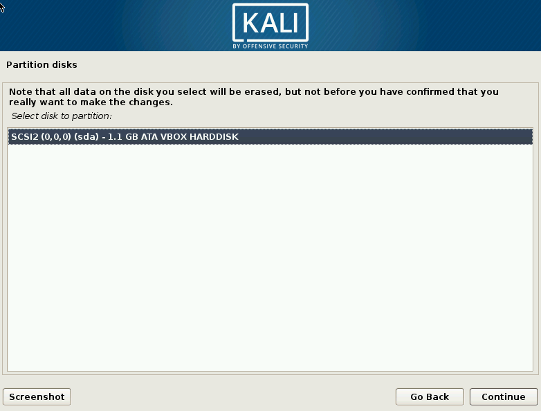Kali Linux Elija la pantalla del disco duro