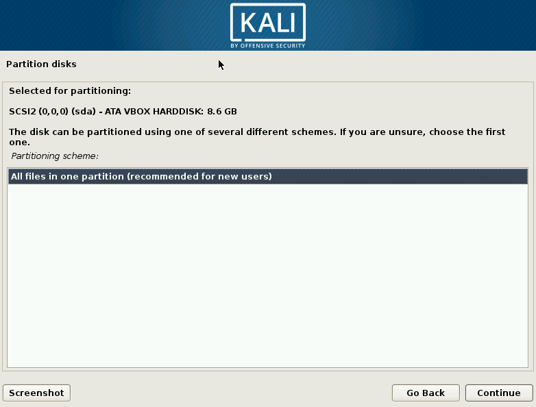 Pantalla de selección de partición de todos los archivos de Kali Linux