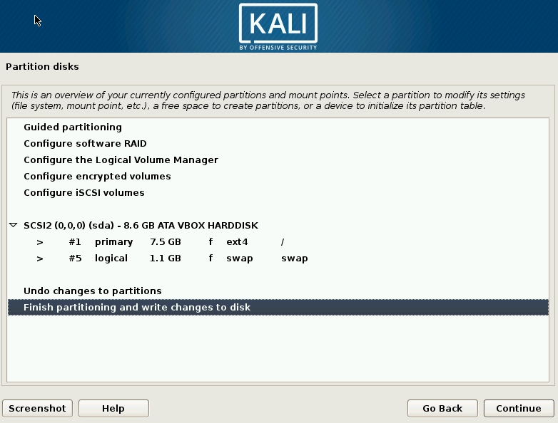 Pantalla de partición final de Kali Linux