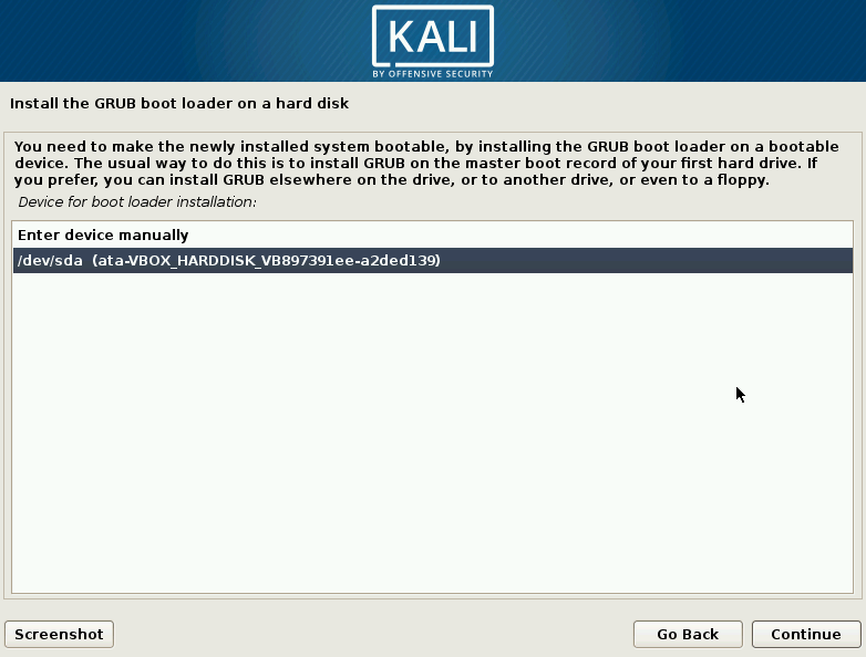 Elección de ubicación de instalación de Kali Linux Grub