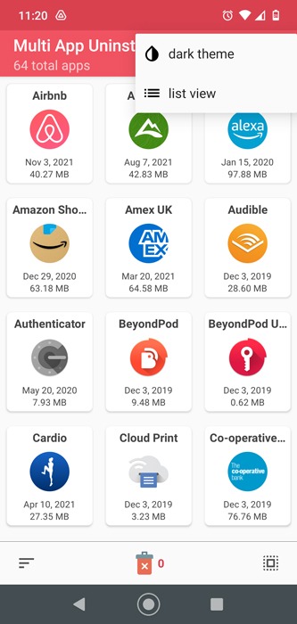 Menú de Android de desinstalación por lotes de aplicaciones