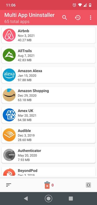 Vista de lista de aplicaciones de desinstalación por lotes de Android