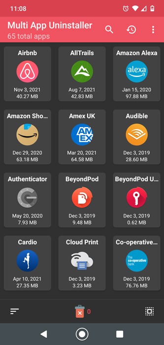 Aplicaciones de desinstalación por lotes Desinstalador de aplicaciones múltiples de Android Modo oscuro