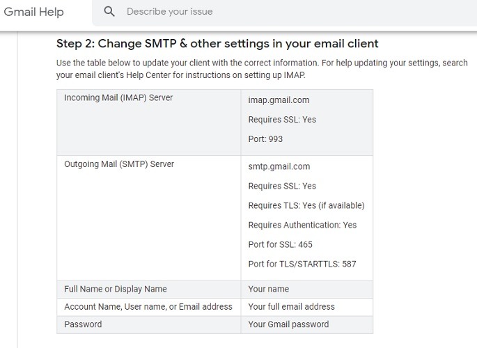 Detalles de Imap Smtp en Gmail para el cliente de correo electrónico