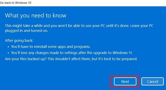 Advertencia final de Windows11 Revertir Windows10