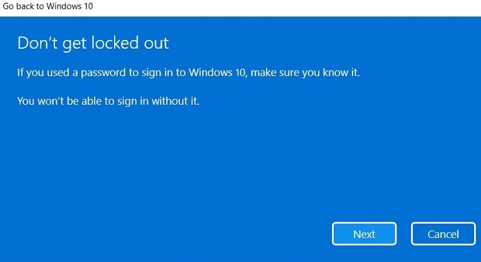 Advertencia de contraseña de Windows11 revertir Windows10