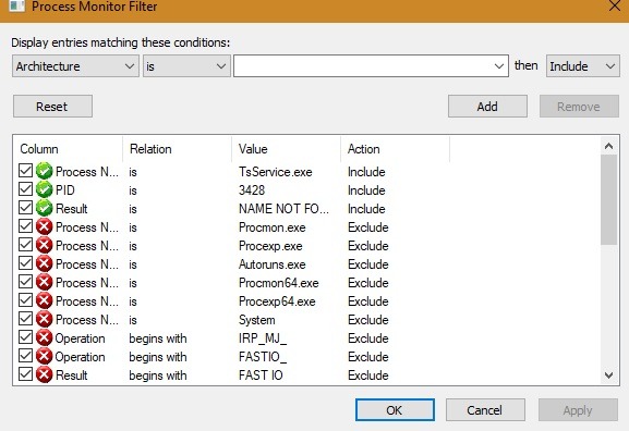 Revisión de filtros de Win Process Monitor