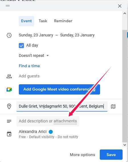 Compartir archivos Ubicaciones Google Calendar Desktop Agregar archivos adjuntos