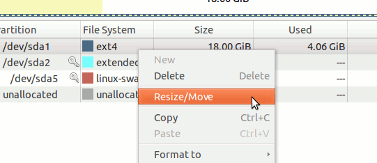 gparted-cambiar el tamaño-mover-partición