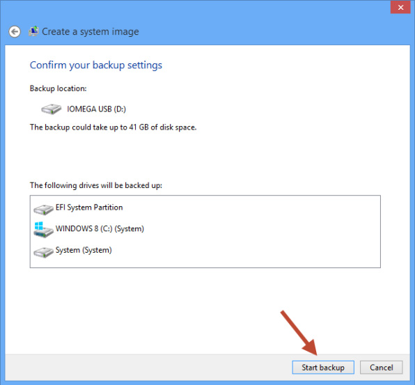 Crear imagen del sistema Windows 8: confirmar la configuración de la copia de seguridad