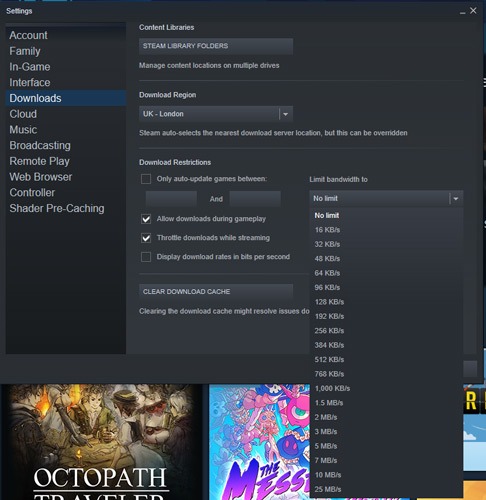 Acelere las descargas de Steam Limite el ancho de banda