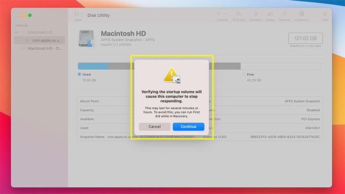 Permisos de disco Macos Advertencia antes del procedimiento