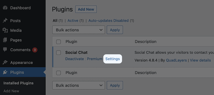 El enlace Configuración de chat social.