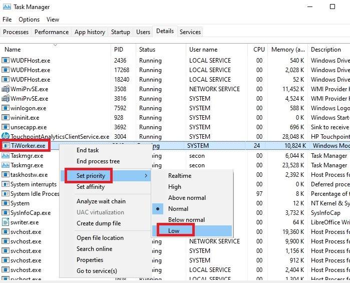 Cómo reparar la alta prioridad de uso de disco y CPU de Tiworker Exe