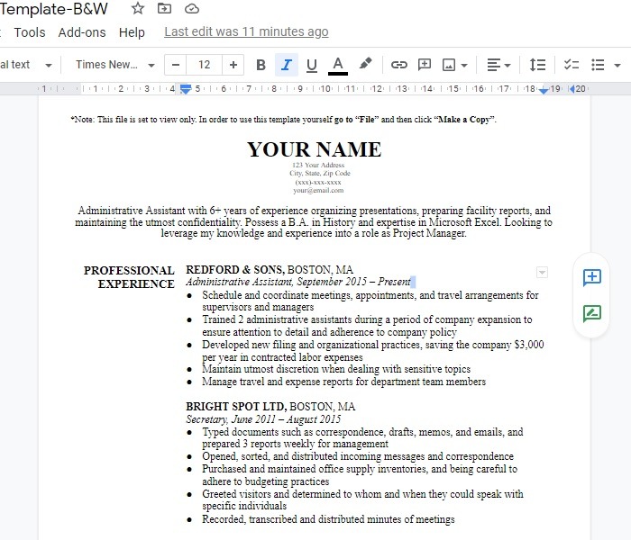 Plantilla de Google Docs Curriculum Vitae Harvard Bw