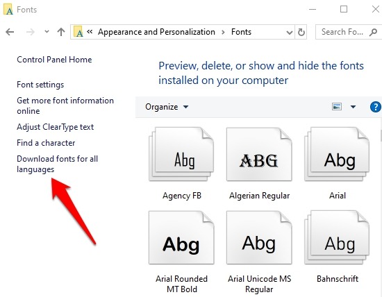 Instalar Administrar fuentes Configuración de Windows 10 Personalización Pantalla de fuentes Descargar todas las fuentes Idiomas