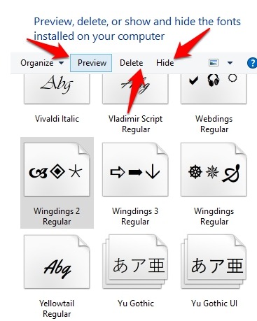 Instalar Administrar fuentes Configuración de Windows 10 Personalización Fuentes Eliminar Ocultar vista previa