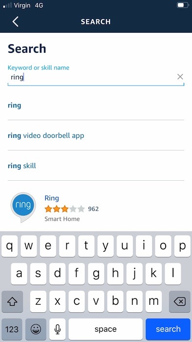 Inicie la aplicación móvil Amazon Alexa y busque la habilidad de hogar inteligente "Ring".