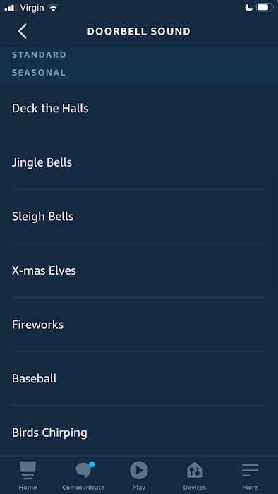 Su dispositivo Amazon Alexa admite una amplia gama de diferentes sonidos de timbre, incluidos los sonidos de temporada. 