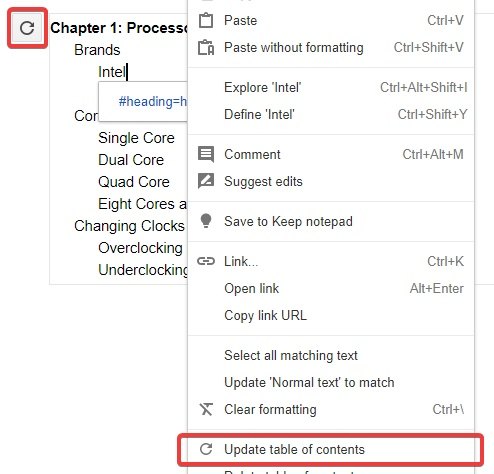 Opciones de actualización de la tabla de Google