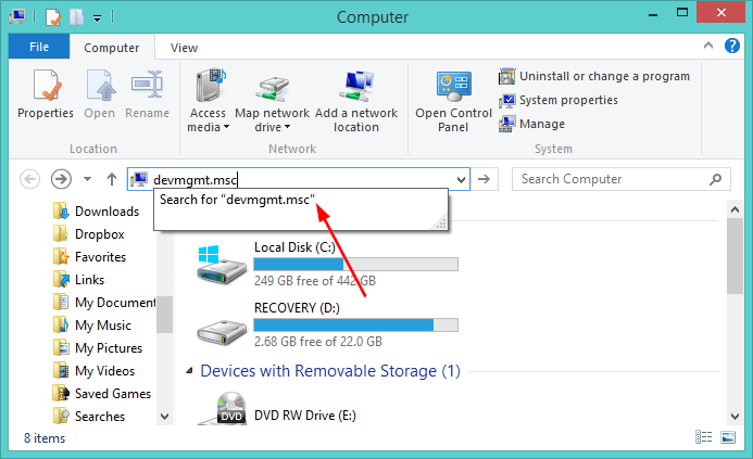 Barra de direcciones del administrador de dispositivos