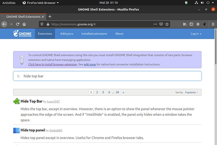 Ubuntu 2004 Ocultar barra de acoplamiento Sitio de extensiones de Gnome Buscar Ocultar barra superior