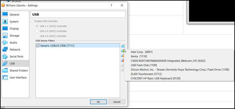 Virtualbox Share Devices Filtros de dispositivos USB Elegir