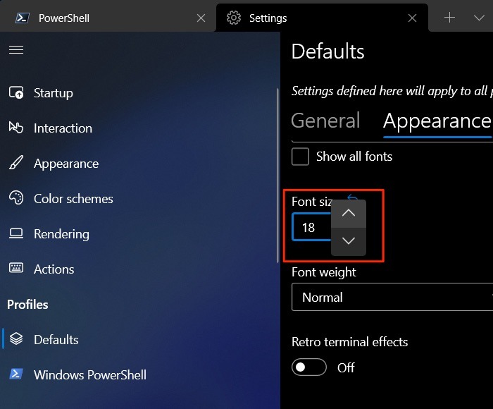 Configuración de terminal de Windows Apariencia Tamaño de fuente