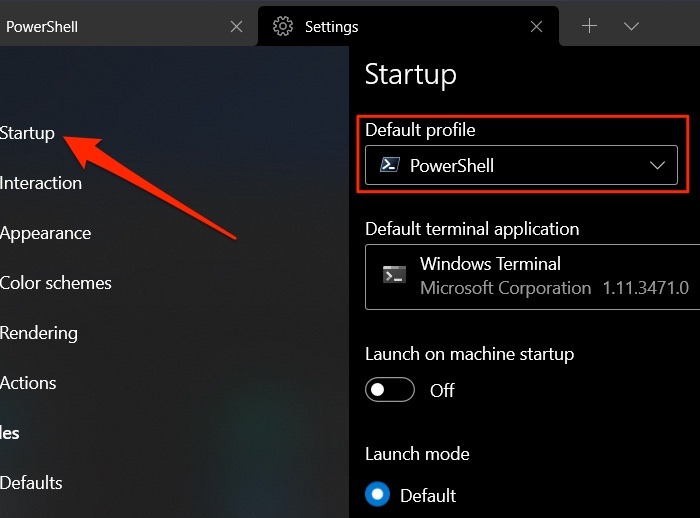 Opción de perfil predeterminado de terminal de Windows