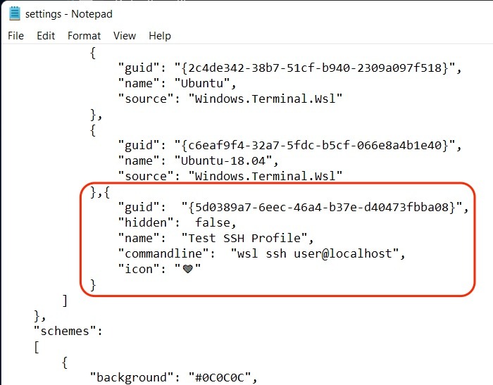 Archivo Json de terminal de Windows Editar perfil Ssh