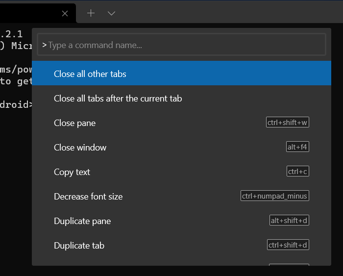 Paleta de comandos de terminal de Windows