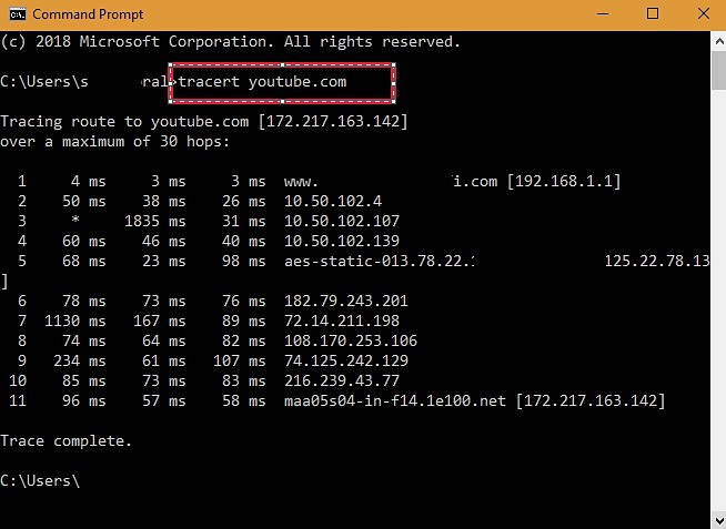 tracert-youtubedotcom-command-prompt-captura de pantalla