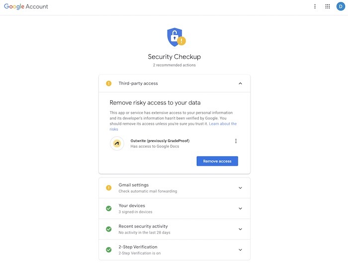 Verificación de consejos de seguridad de la cuenta de Gmail