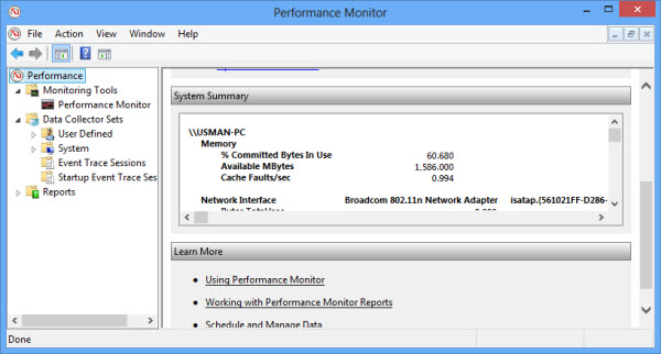 Resumen del monitor de rendimiento de Windows 8