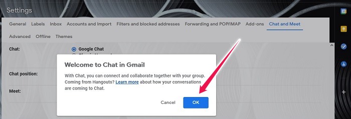 Cómo activar Google Chat Gmail Desktop Confirmar elección