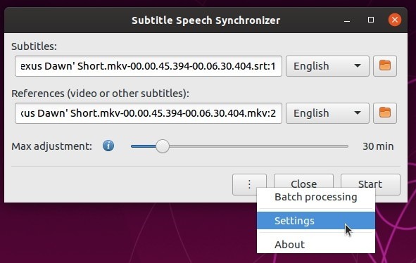 Corrección automática de subtítulos con la configuración del menú Subsync