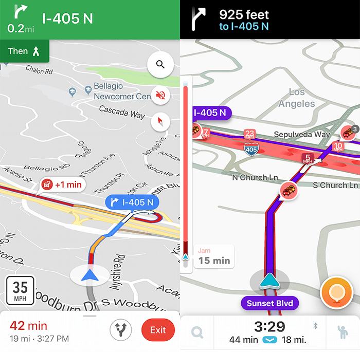 Interfaz de Waze vs Google Maps