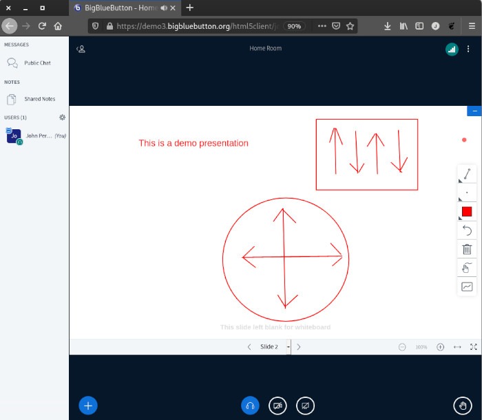 Bigbluebutton en la pizarra de demostración de Linux