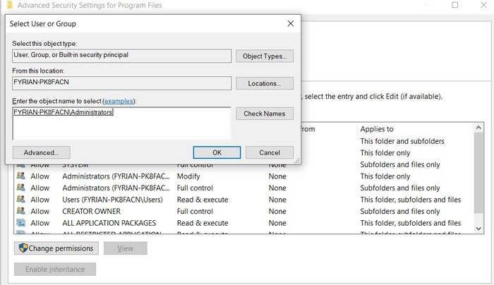 Nombres de verificación de propiedad de Trustedinstaller