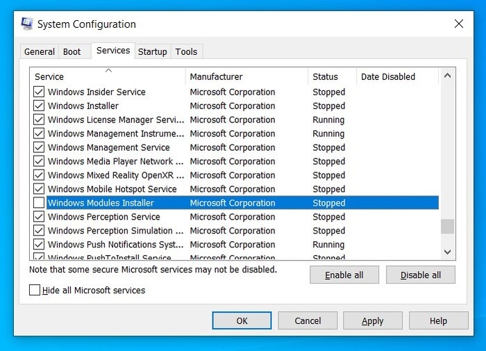 Instaladores de módulos de Windows de propiedad de Trustedinstaller