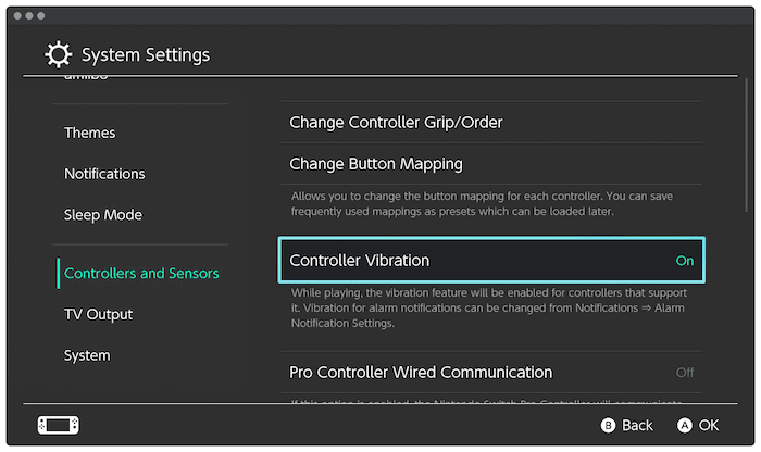 La configuración de vibración del controlador.