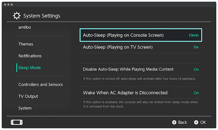 El modo de suspensión del interruptor.