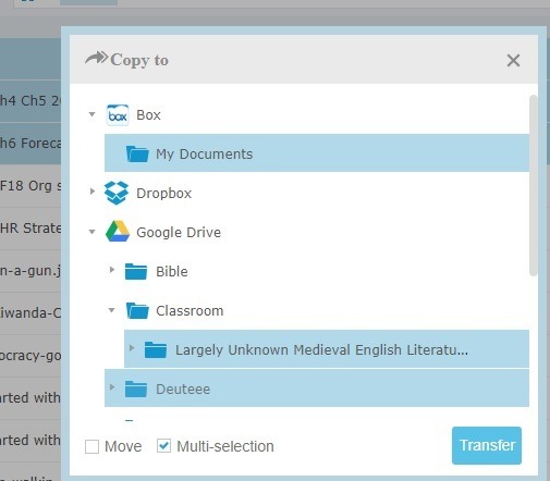 Transferir selección múltiple de una nube a otra Dropbox a Box N Google Drive