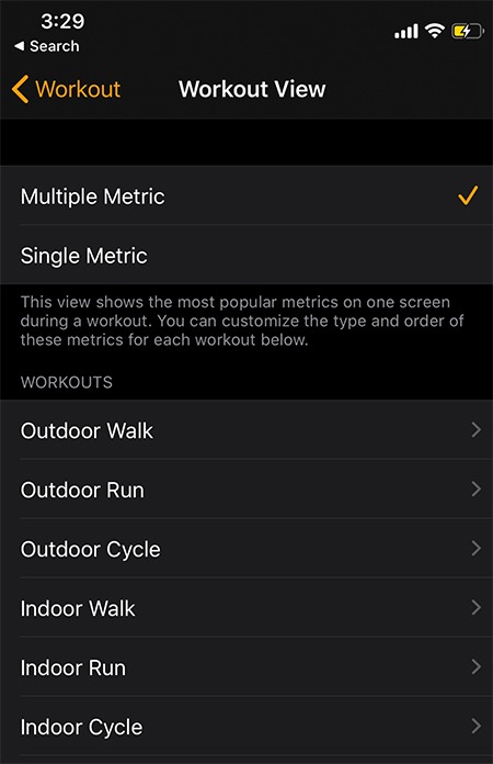 Métrica múltiple de entrenamientos de Apple Watch