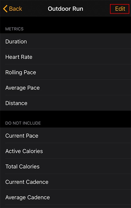 Métricas de edición de entrenamientos de Apple Watch