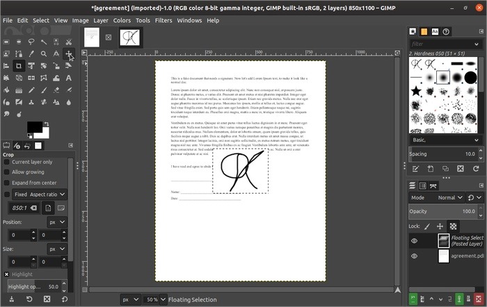 Firmar documentos con la firma importada de Gimp