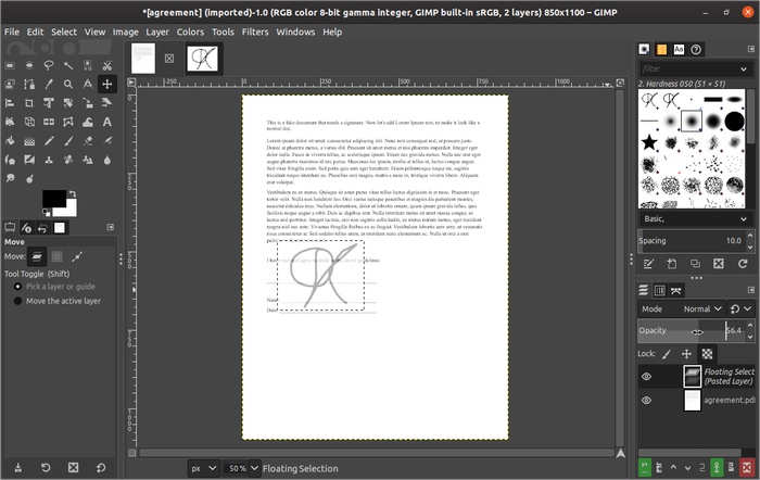 Firmar documentos con el movimiento de firma transparente de Gimp