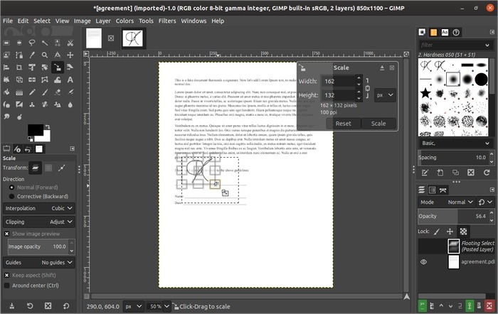 Firmar documentos con el cambio de tamaño de la firma de Gimp