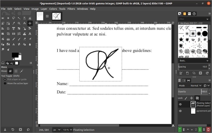 Firmar documentos con la alineación de firmas de Gimp